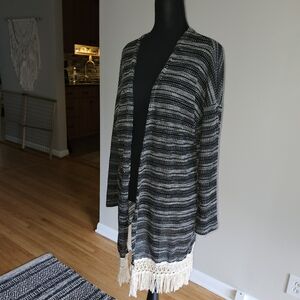 Knee Length Vintage Havana Black and Off_7White Knit Cardigan